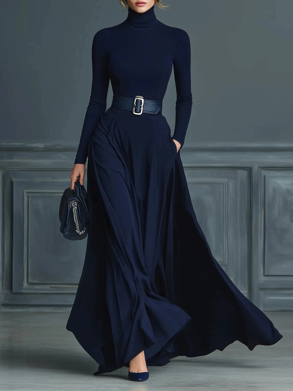 ZARA Womens Autumn Winter Long Sleeve Solid High Neck Waist Cinching Maxi Dress